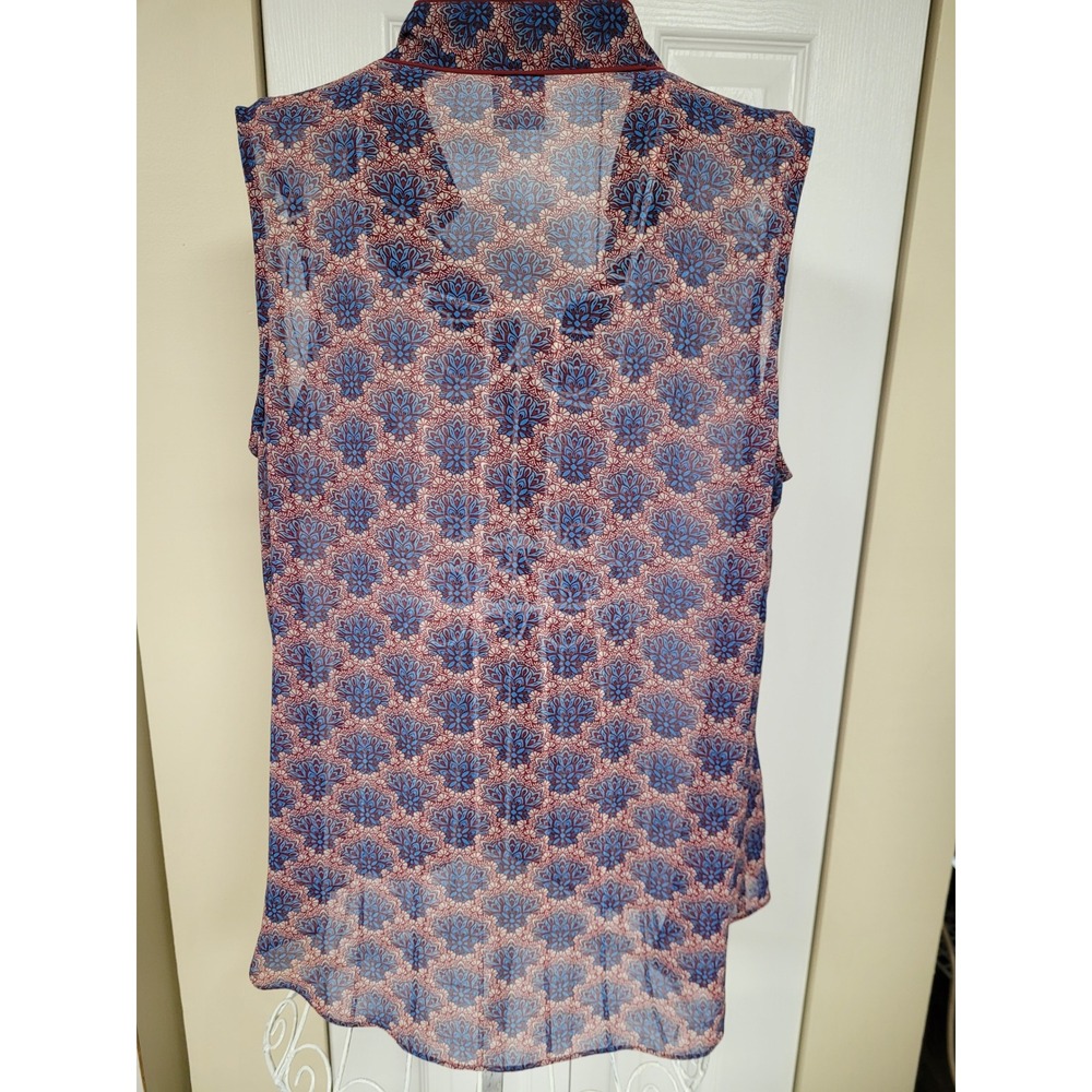 Cabi Women Sheer Blue Burgundy Hippie Botanical Button Front Blouse Size L